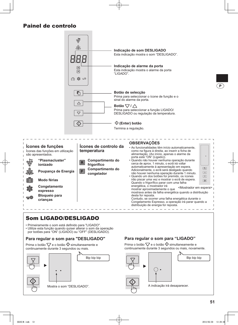 Painel de controlo, Som ligado/desligado, 51 para regular o som para “ligado | Ícones de funções, Ícones de controlo da temperatura, Para regular o som para "desligado | Sharp SJ-FP760VST User Manual | Page 51 / 224