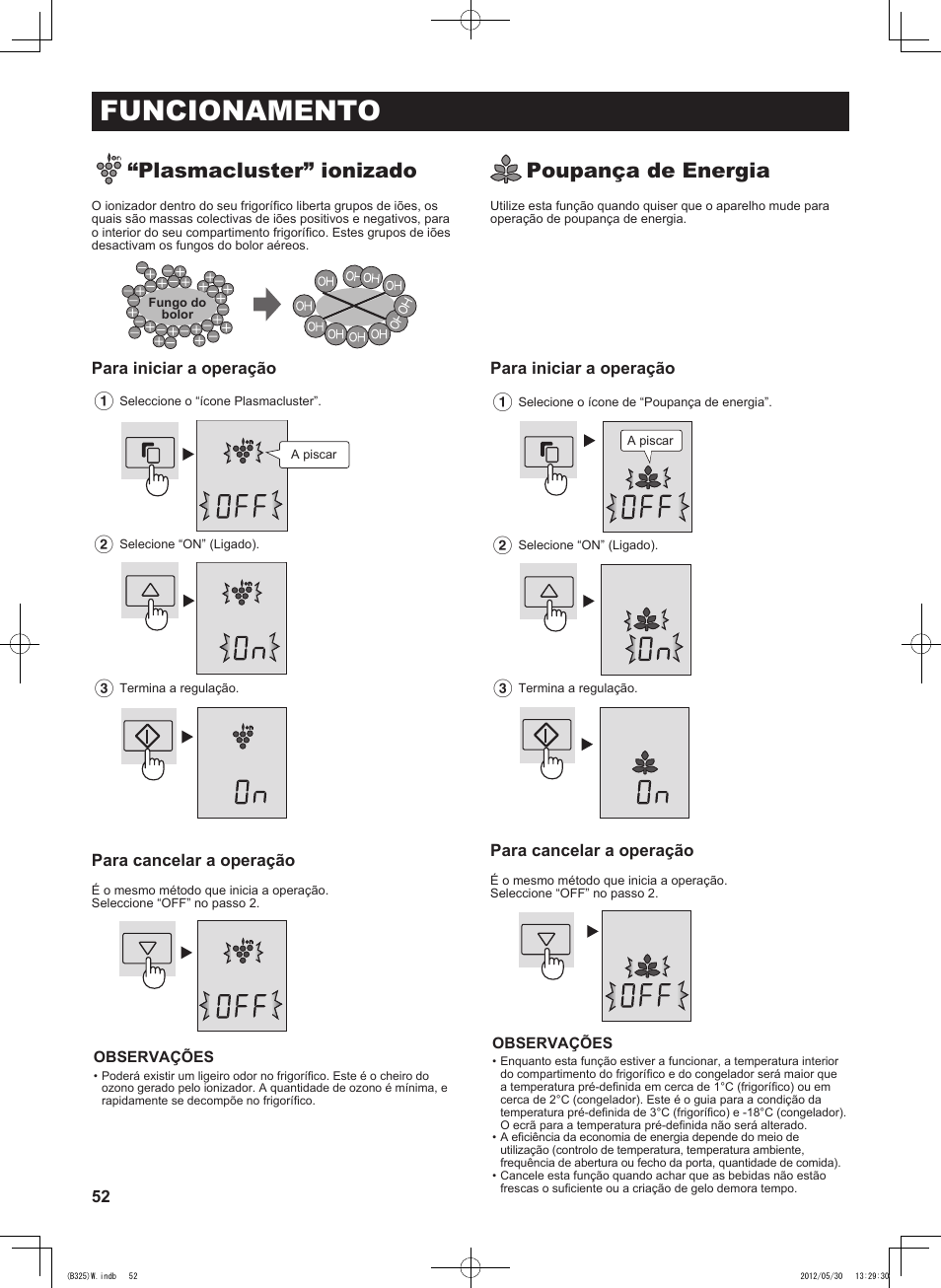 Funcionamento, Plasmacluster” ionizado, Poupança de energia | Sharp SJ-FP760VST User Manual | Page 52 / 224