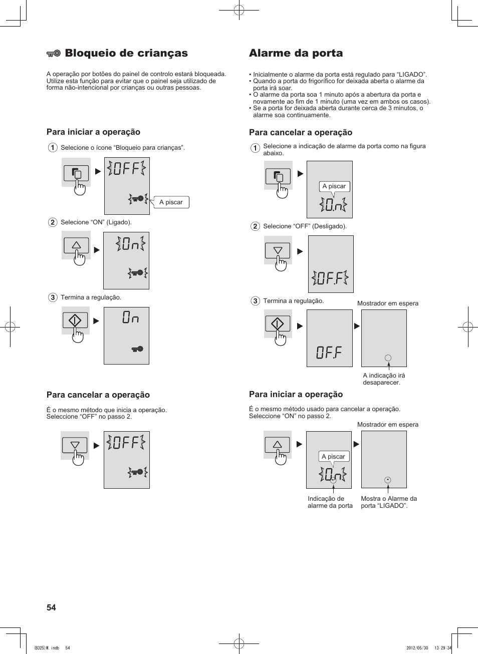 Alarme da porta, Bloqueio de crianças, Para cancelar a operação | Para iniciar a operação | Sharp SJ-FP760VST User Manual | Page 54 / 224