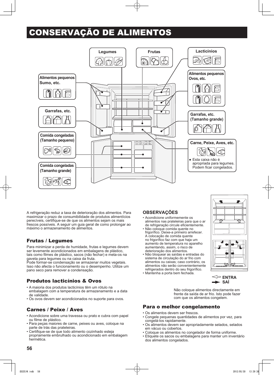 Conservação de alimentos, Frutas / legumes, Produtos lacticínios & ovos | Carnes / peixe / aves, Para o melhor congelamento | Sharp SJ-FP760VST User Manual | Page 56 / 224