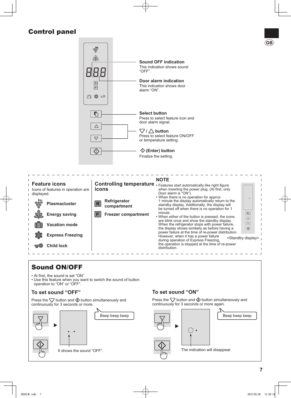 Control panel, Sound on/off, 7to set sound “on | Feature icons, Controlling temperature icons | Sharp SJ-FP760VST User Manual | Page 7 / 224