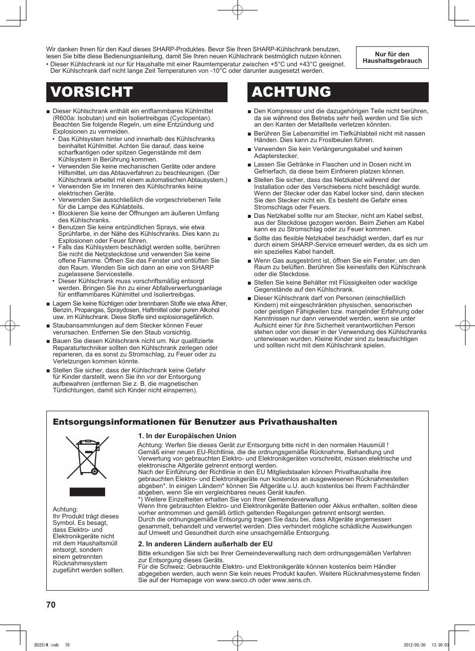 Vorsicht achtung | Sharp SJ-FP760VST User Manual | Page 70 / 224