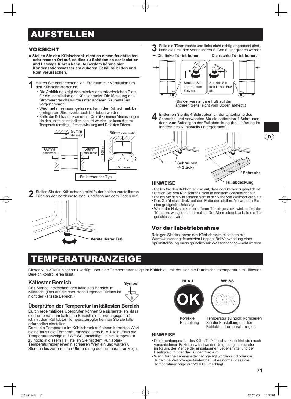 Aufstellen, Temperaturanzeige, 71 vorsicht | Vor der inbetriebnahme, Kältester bereich, Überprüfen der temperatur im kältesten bereich | Sharp SJ-FP760VST User Manual | Page 71 / 224