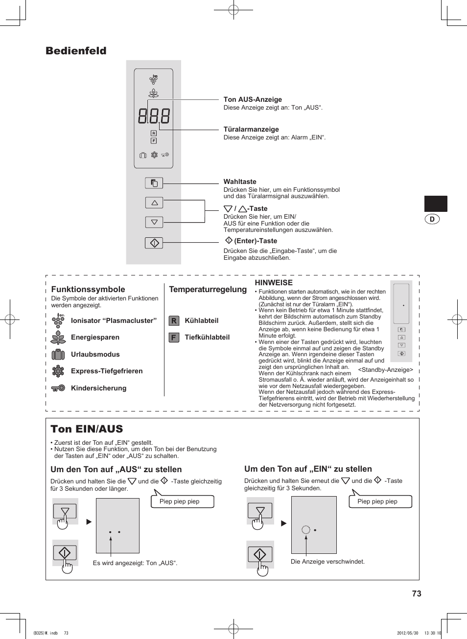 Bedienfeld, Ton ein/aus, 73 um den ton auf „ein“ zu stellen | Funktionssymbole, Temperaturregelung, Um den ton auf „aus“ zu stellen | Sharp SJ-FP760VST User Manual | Page 73 / 224