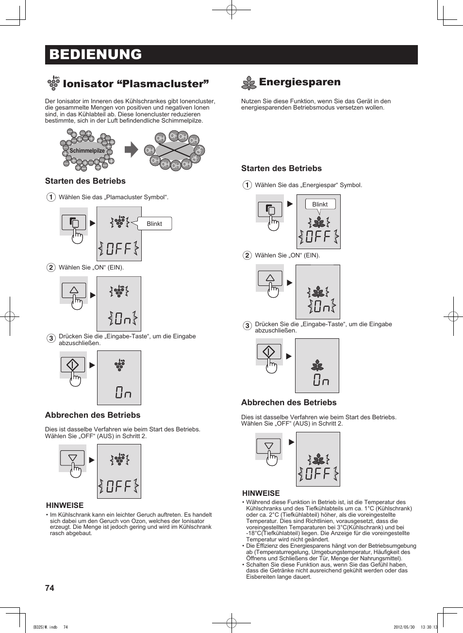 Bedienung, Ionisator “plasmacluster, Energiesparen | Sharp SJ-FP760VST User Manual | Page 74 / 224