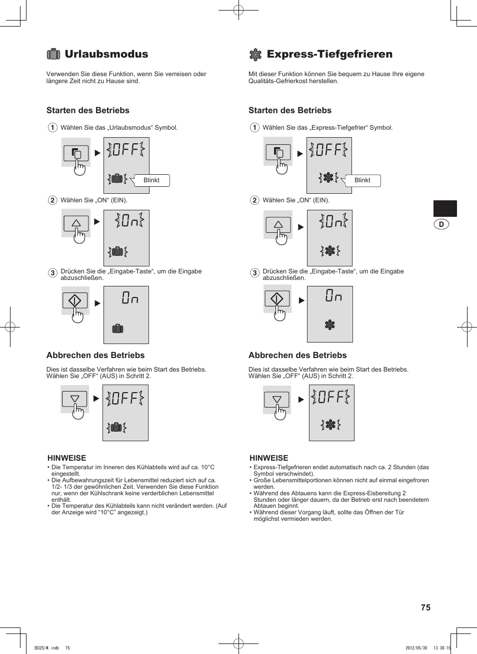 Urlaubsmodus, Express-tiefgefrieren, Starten des betriebs | Abbrechen des betriebs | Sharp SJ-FP760VST User Manual | Page 75 / 224