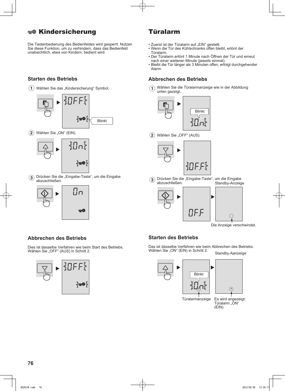 Türalarm, Kindersicherung, Abbrechen des betriebs | Starten des betriebs | Sharp SJ-FP760VST User Manual | Page 76 / 224