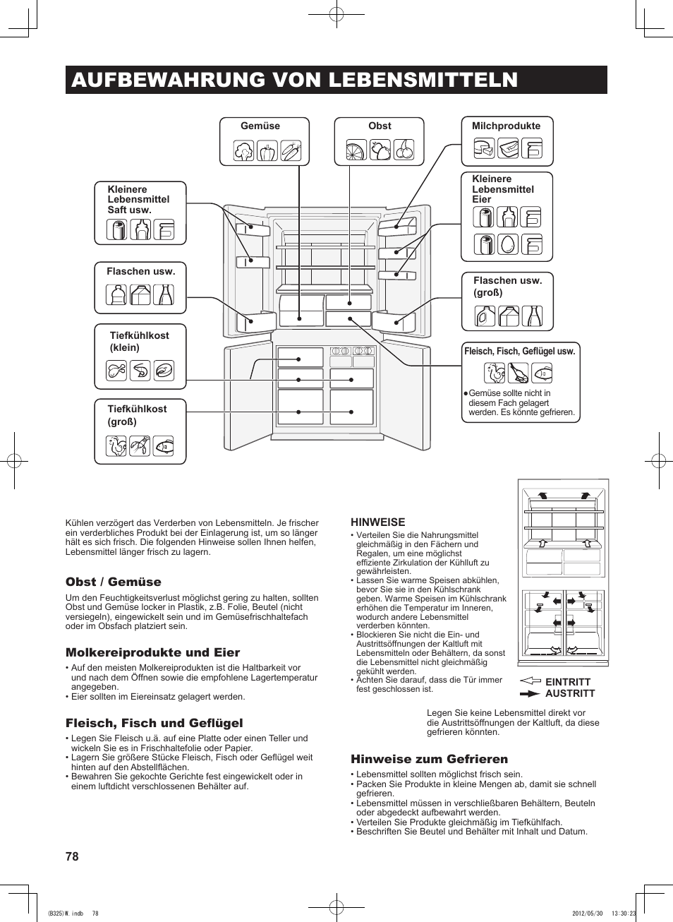 Aufbewahrung von lebensmitteln, Obst / gemüse, Molkereiprodukte und eier | Fleisch, fisch und geflügel, Hinweise zum gefrieren | Sharp SJ-FP760VST User Manual | Page 78 / 224