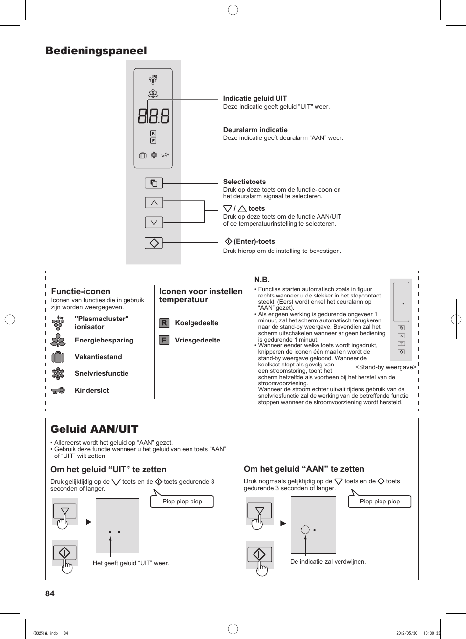 Bedieningspaneel, Geluid aan/uit, 84 om het geluid “aan” te zetten | Functie-iconen, Iconen voor instellen temperatuur, Om het geluid “uit” te zetten | Sharp SJ-FP760VST User Manual | Page 84 / 224