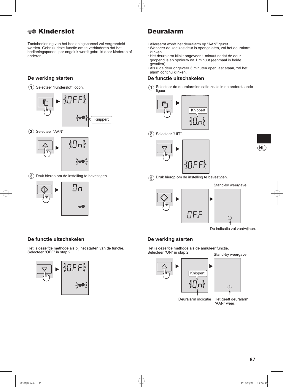 Deuralarm, Kinderslot, De functie uitschakelen | De werking starten | Sharp SJ-FP760VST User Manual | Page 87 / 224