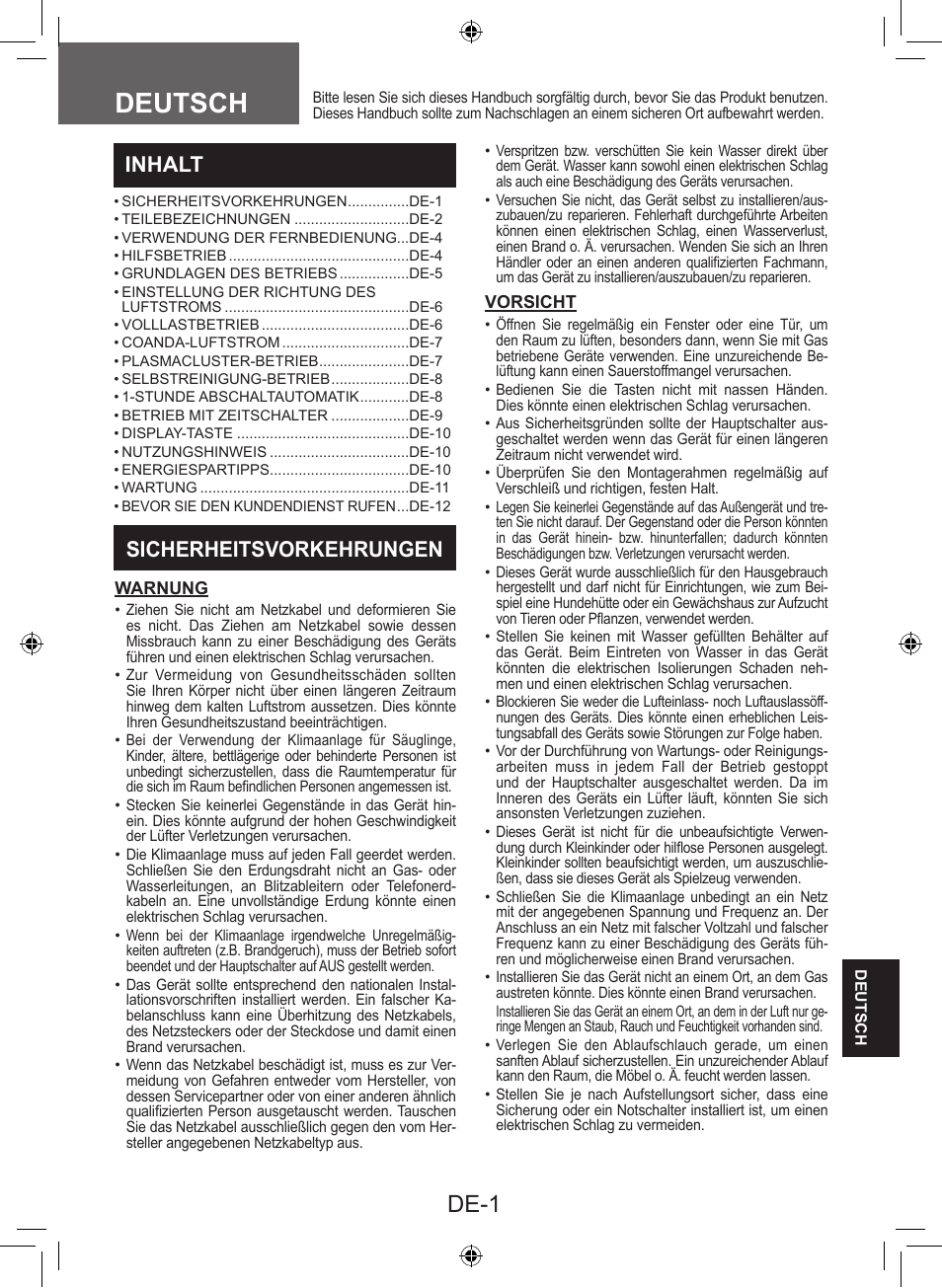 Deutsch, De-1, Inhalt | Sicherheitsvorkehrungen | Sharp AY-XP9LSR - AE-X9LSR User Manual | Page 115 / 144