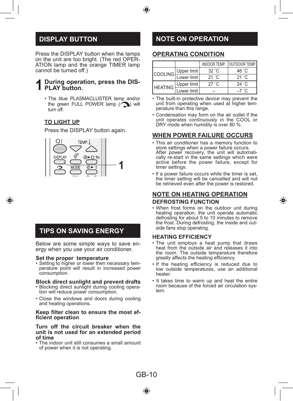 Gb-10, Display button tips on saving energy | Sharp AY-XP9LSR - AE-X9LSR User Manual | Page 12 / 144