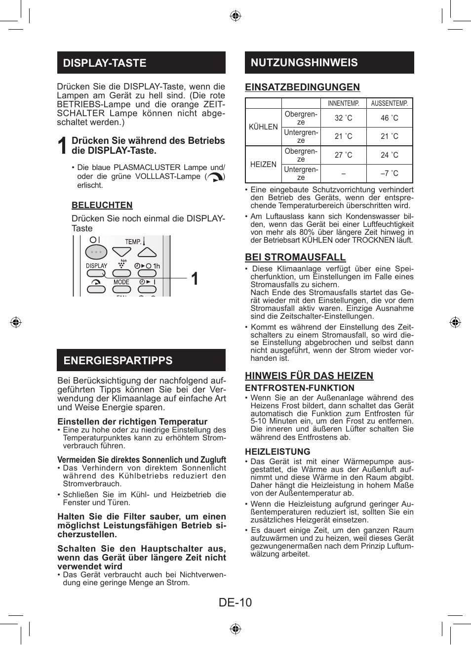 De-10, Nutzungshinweis, Display-taste energiespartipps | Sharp AY-XP9LSR - AE-X9LSR User Manual | Page 124 / 144