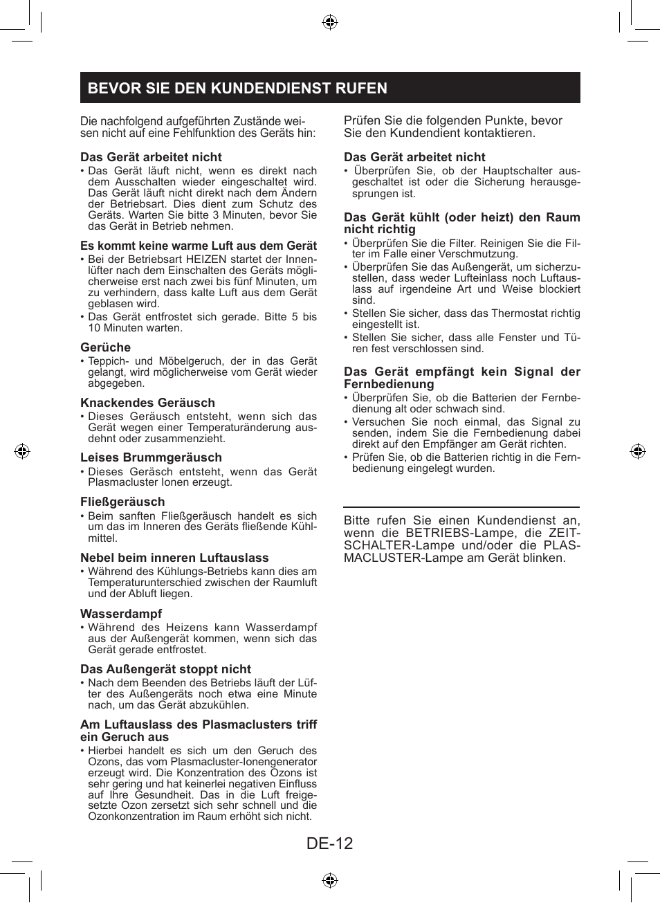 De-12, Bevor sie den kundendienst rufen | Sharp AY-XP9LSR - AE-X9LSR User Manual | Page 126 / 144