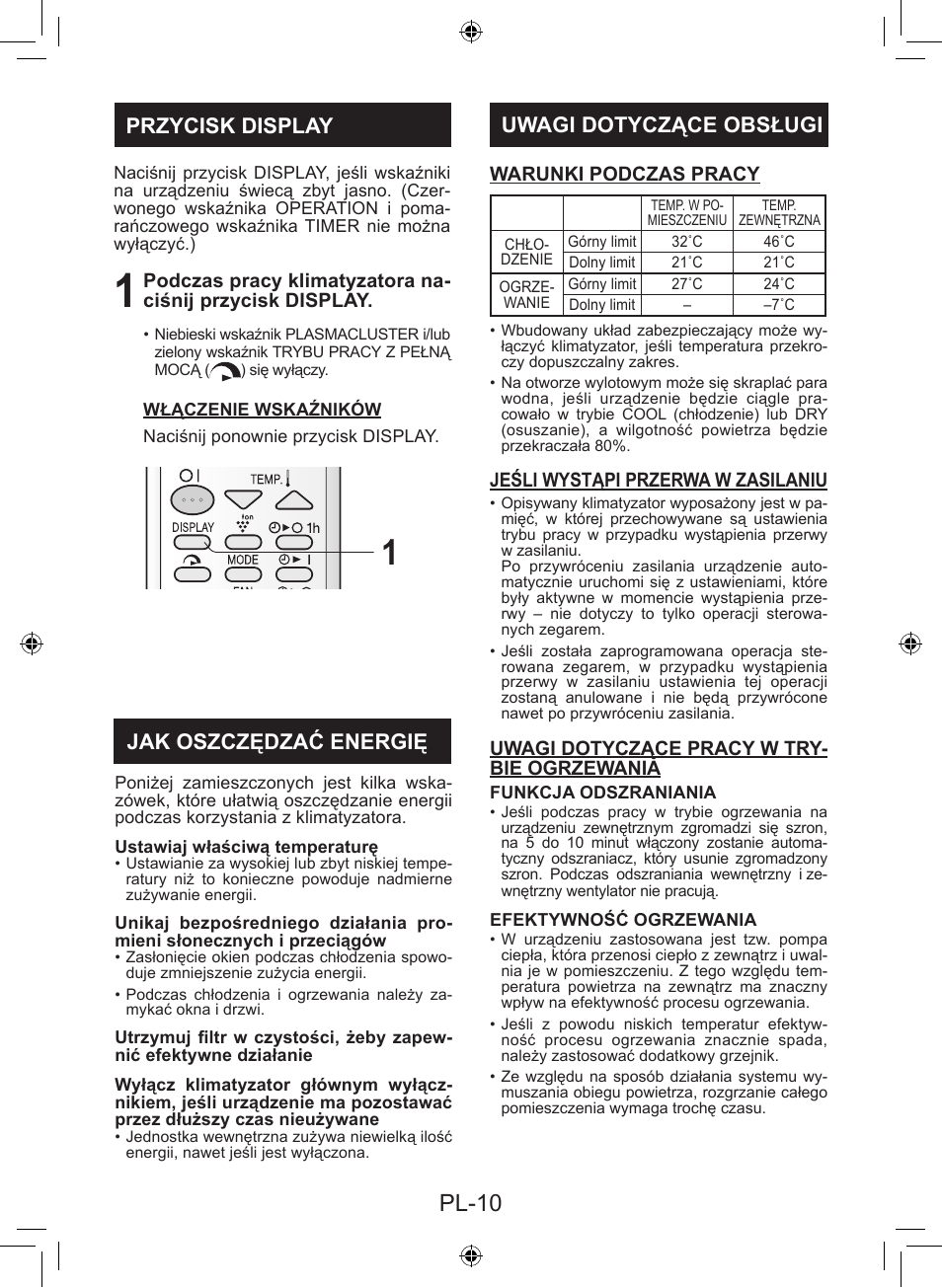 Pl-10, Uwagi dotyczące obsługi, Przycisk display jak oszczędzać energię | Sharp AY-XP9LSR - AE-X9LSR User Manual | Page 138 / 144