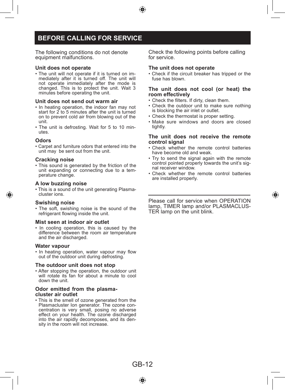 Gb-12, Before calling for service | Sharp AY-XP9LSR - AE-X9LSR User Manual | Page 14 / 144