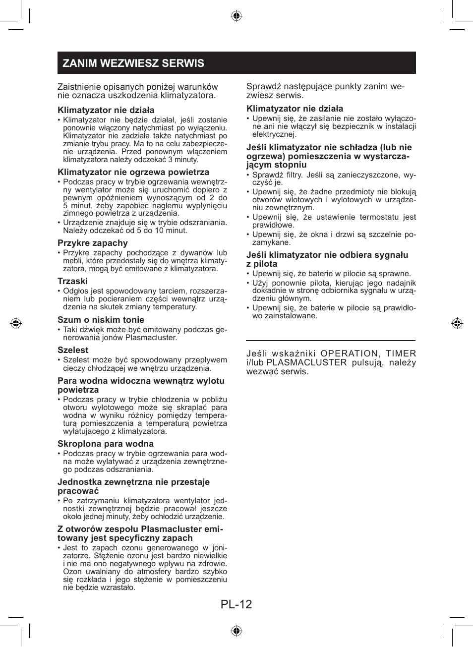 Pl-12, Zanim wezwiesz serwis | Sharp AY-XP9LSR - AE-X9LSR User Manual | Page 140 / 144