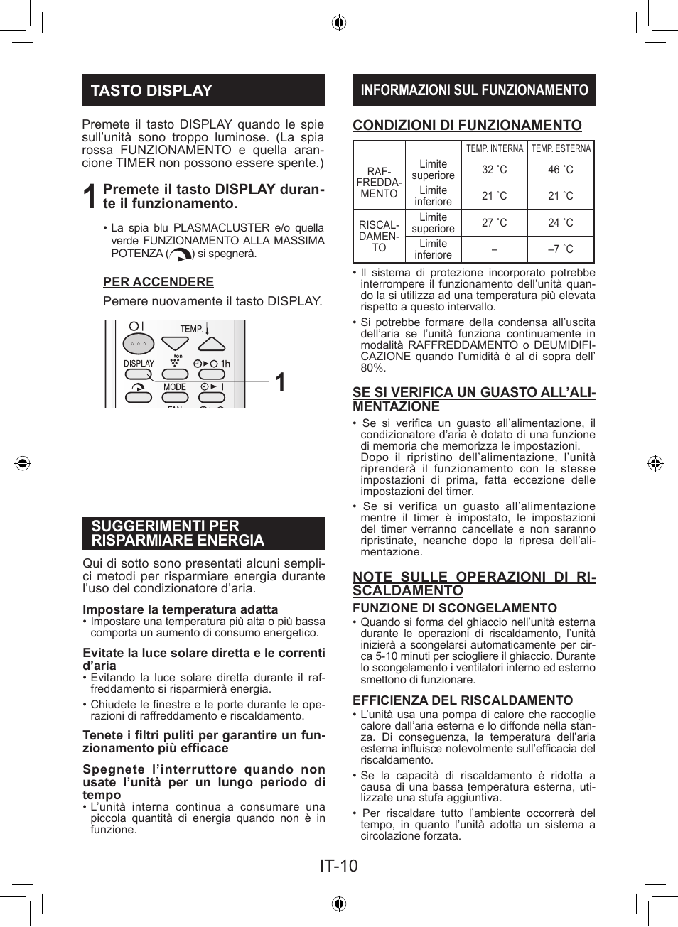 It-10, Informazioni sul funzionamento, Tasto display suggerimenti per risparmiare energia | Sharp AY-XP9LSR - AE-X9LSR User Manual | Page 26 / 144