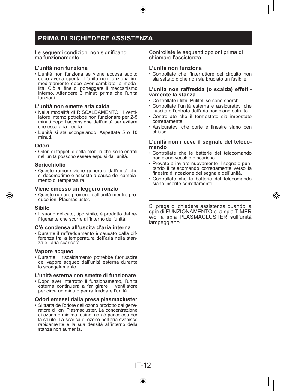 It-12, Prima di richiedere assistenza | Sharp AY-XP9LSR - AE-X9LSR User Manual | Page 28 / 144