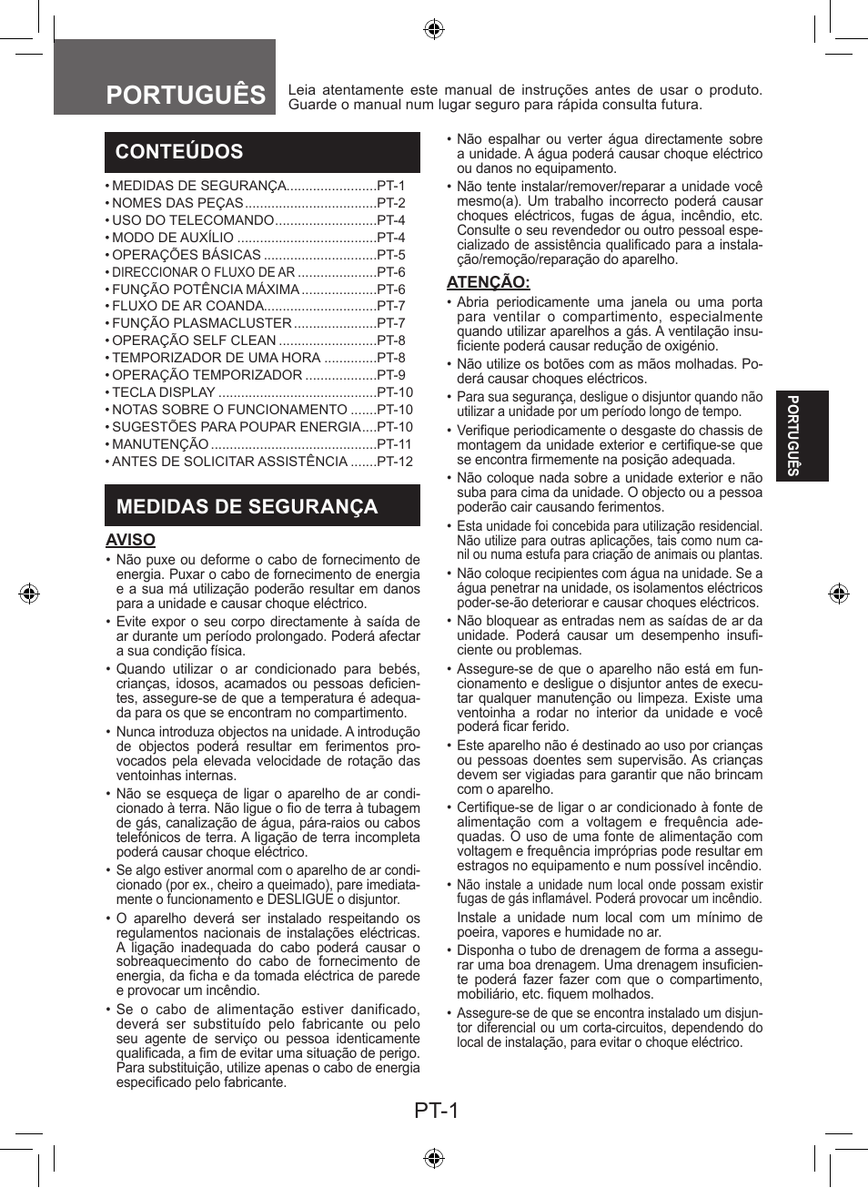 Português, Pt-1, Conteúdos | Medidas de segurança | Sharp AY-XP9LSR - AE-X9LSR User Manual | Page 45 / 144