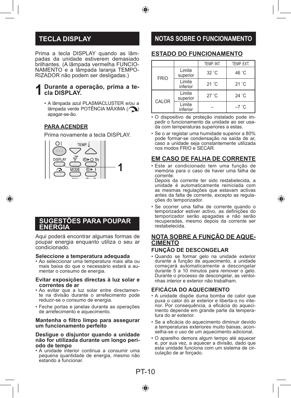 Pt-10, Notas sobre o funcionamento, Tecla display sugestões para poupar energia | Sharp AY-XP9LSR - AE-X9LSR User Manual | Page 54 / 144