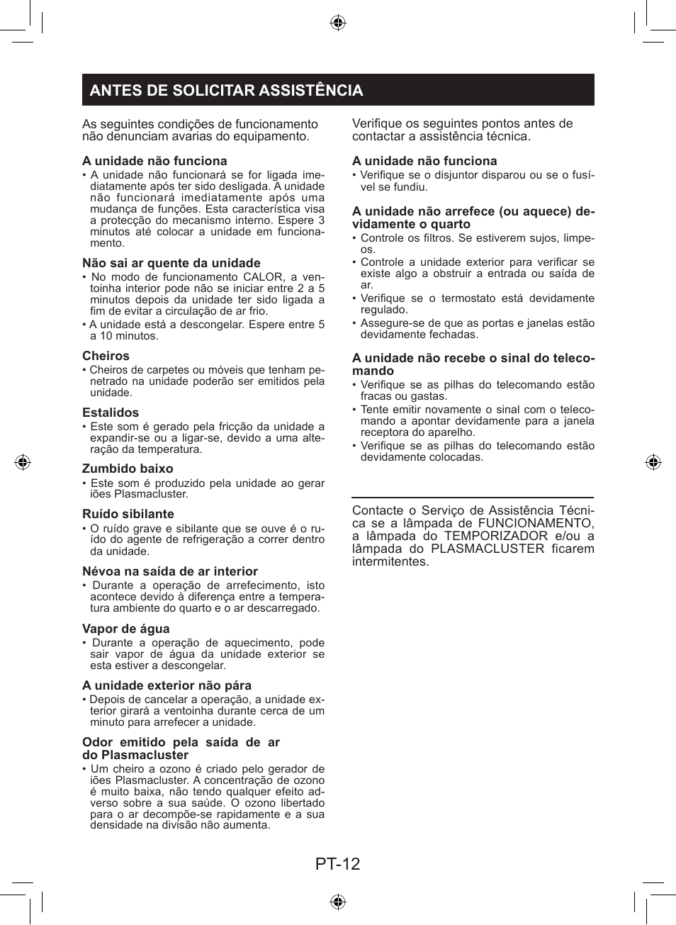 Pt-12, Antes de solicitar assistência | Sharp AY-XP9LSR - AE-X9LSR User Manual | Page 56 / 144