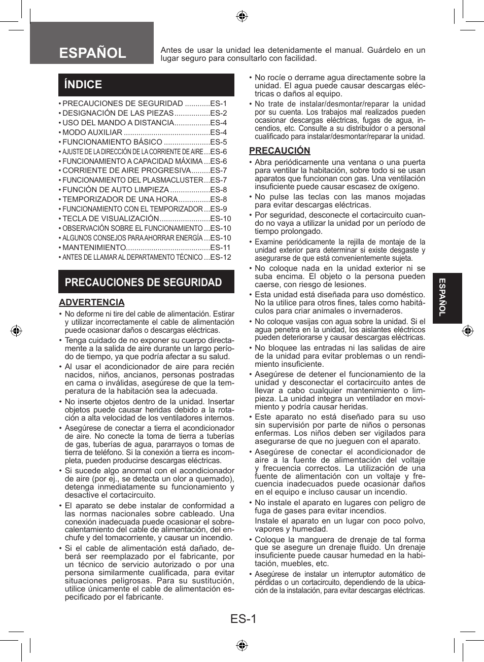 Español, Es-1, Índice | Precauciones de seguridad | Sharp AY-XP9LSR - AE-X9LSR User Manual | Page 59 / 144