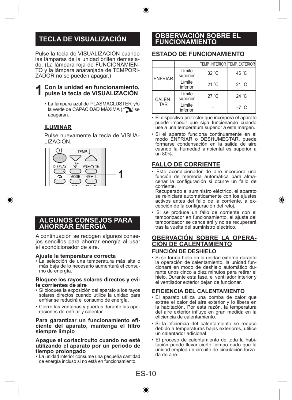 Es-10, Observación sobre el funcionamiento | Sharp AY-XP9LSR - AE-X9LSR User Manual | Page 68 / 144