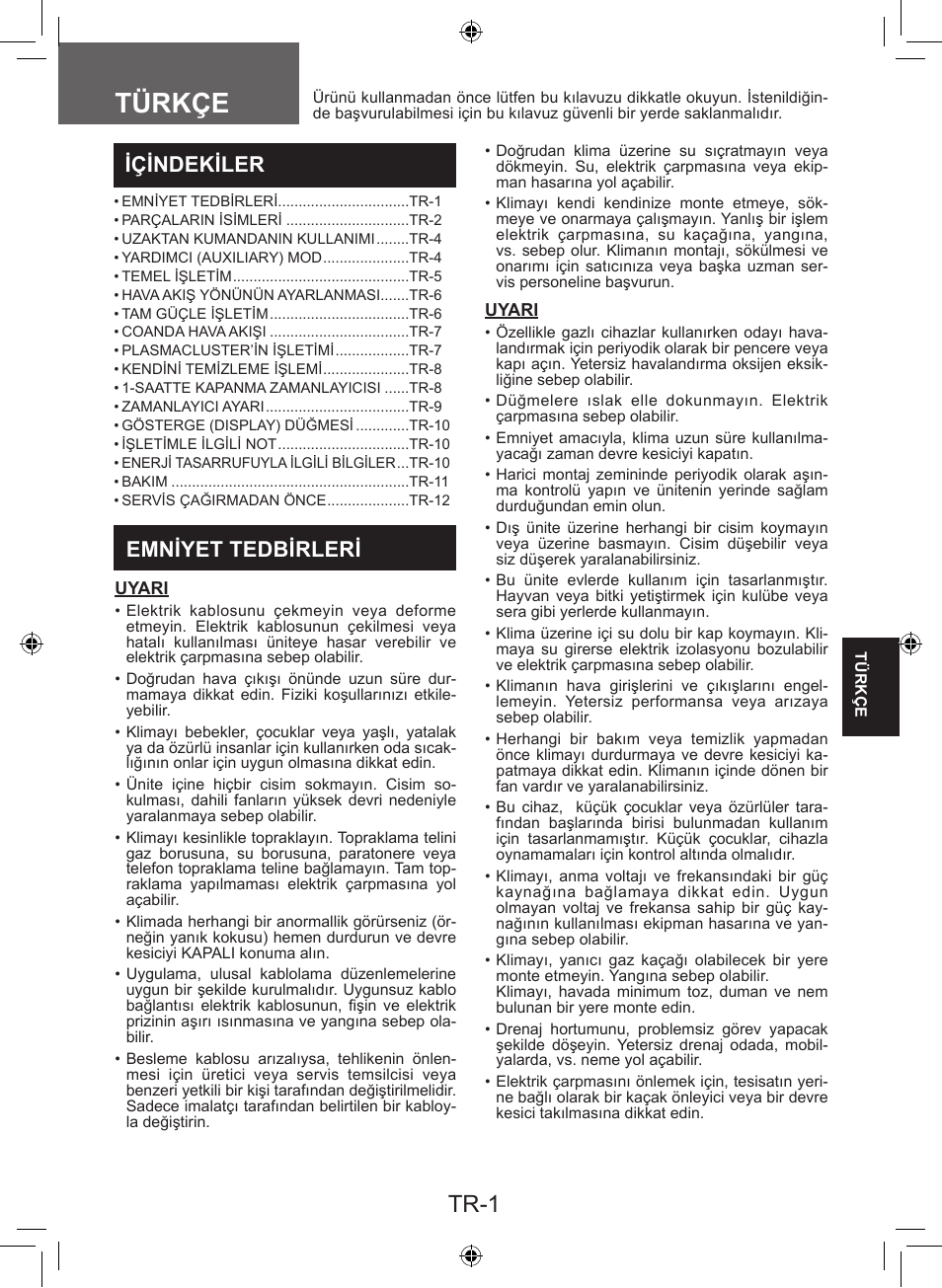 Türkçe, Tr-1, Içindekiler | Emniyet tedbirleri | Sharp AY-XP9LSR - AE-X9LSR User Manual | Page 73 / 144