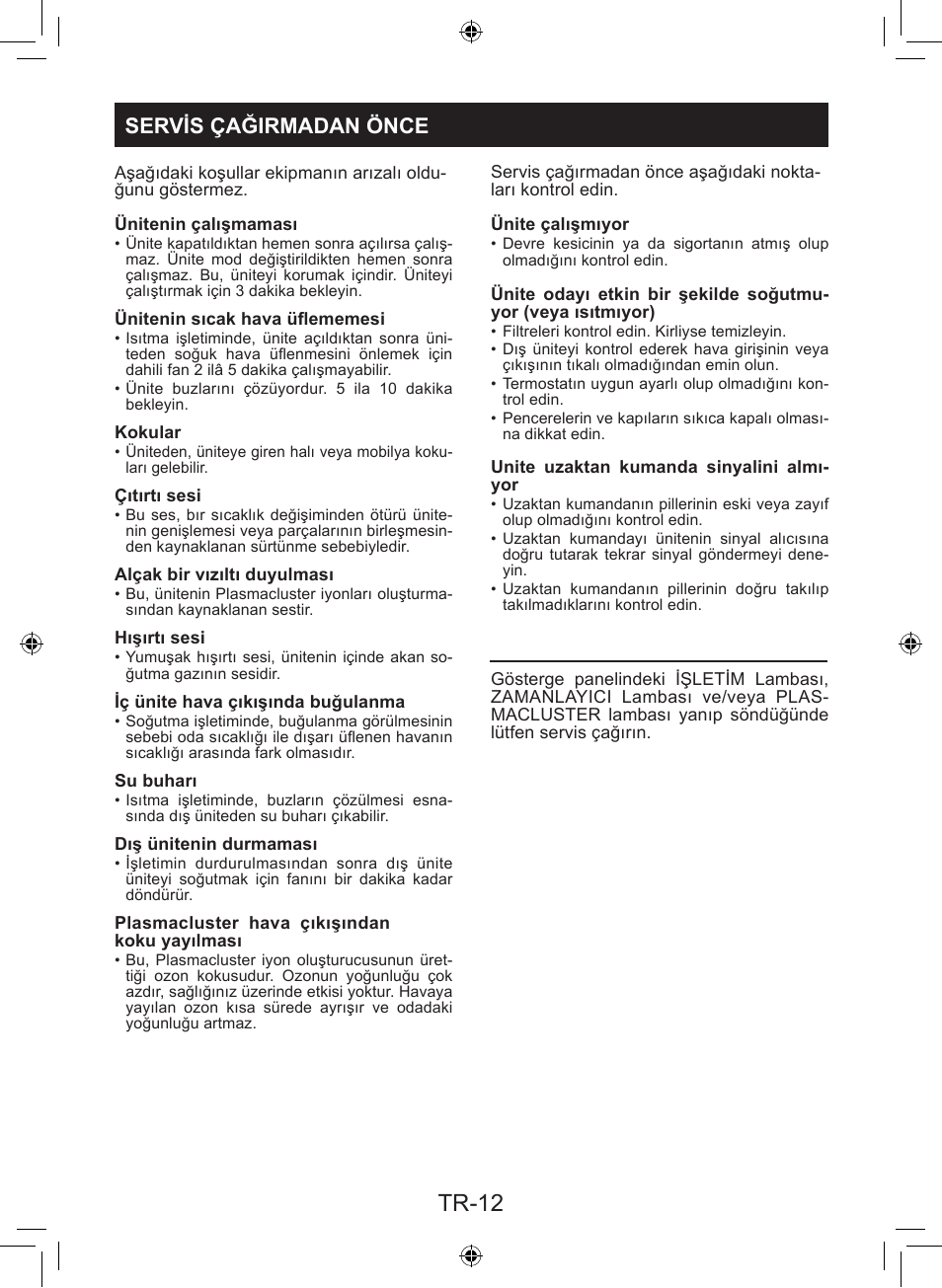 Tr-12, Servis çağirmadan önce | Sharp AY-XP9LSR - AE-X9LSR User Manual | Page 84 / 144