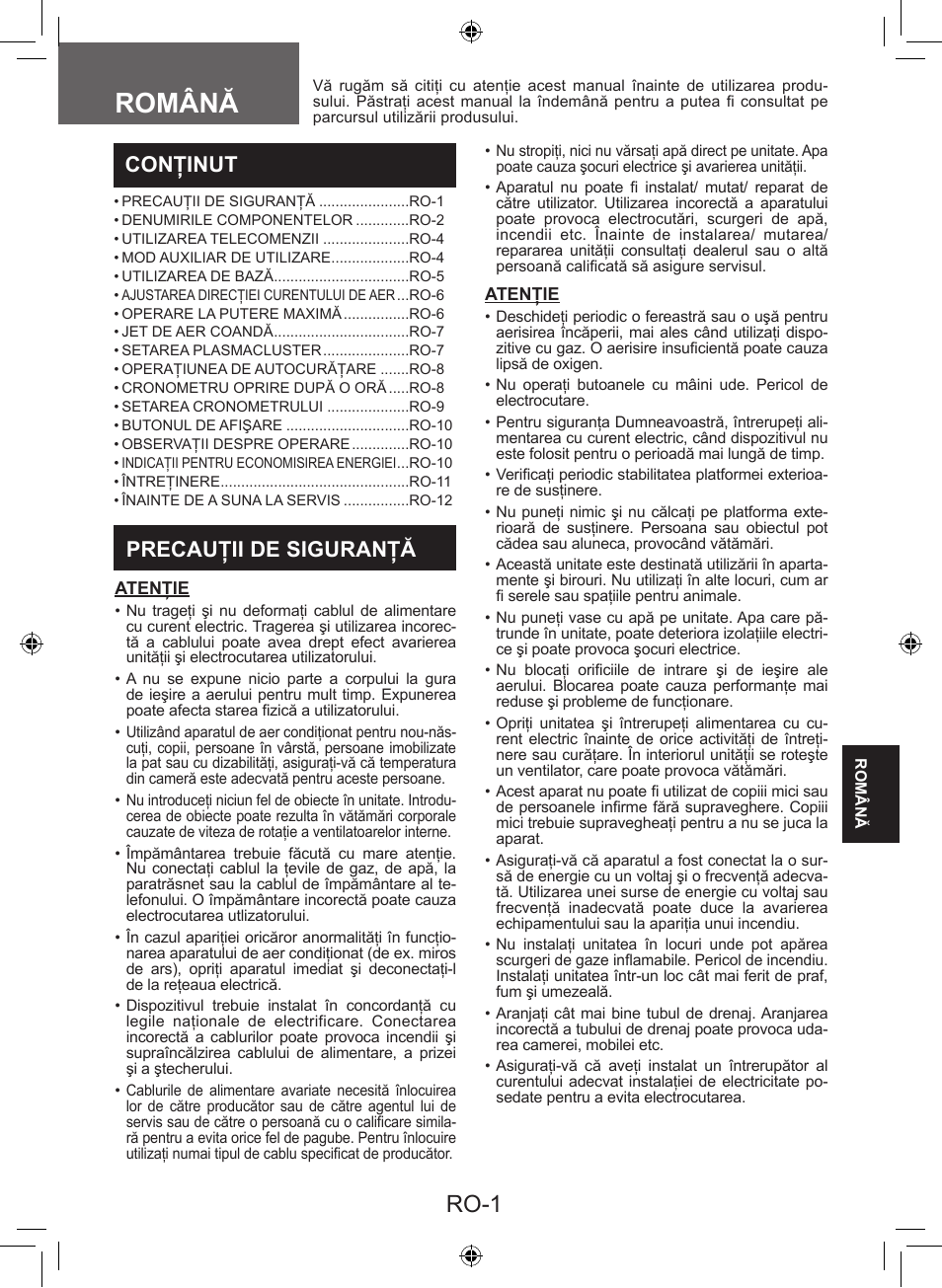 Română, Ro-1, Conţinut | Precauţii de siguranţă | Sharp AY-XP9LSR - AE-X9LSR User Manual | Page 87 / 144