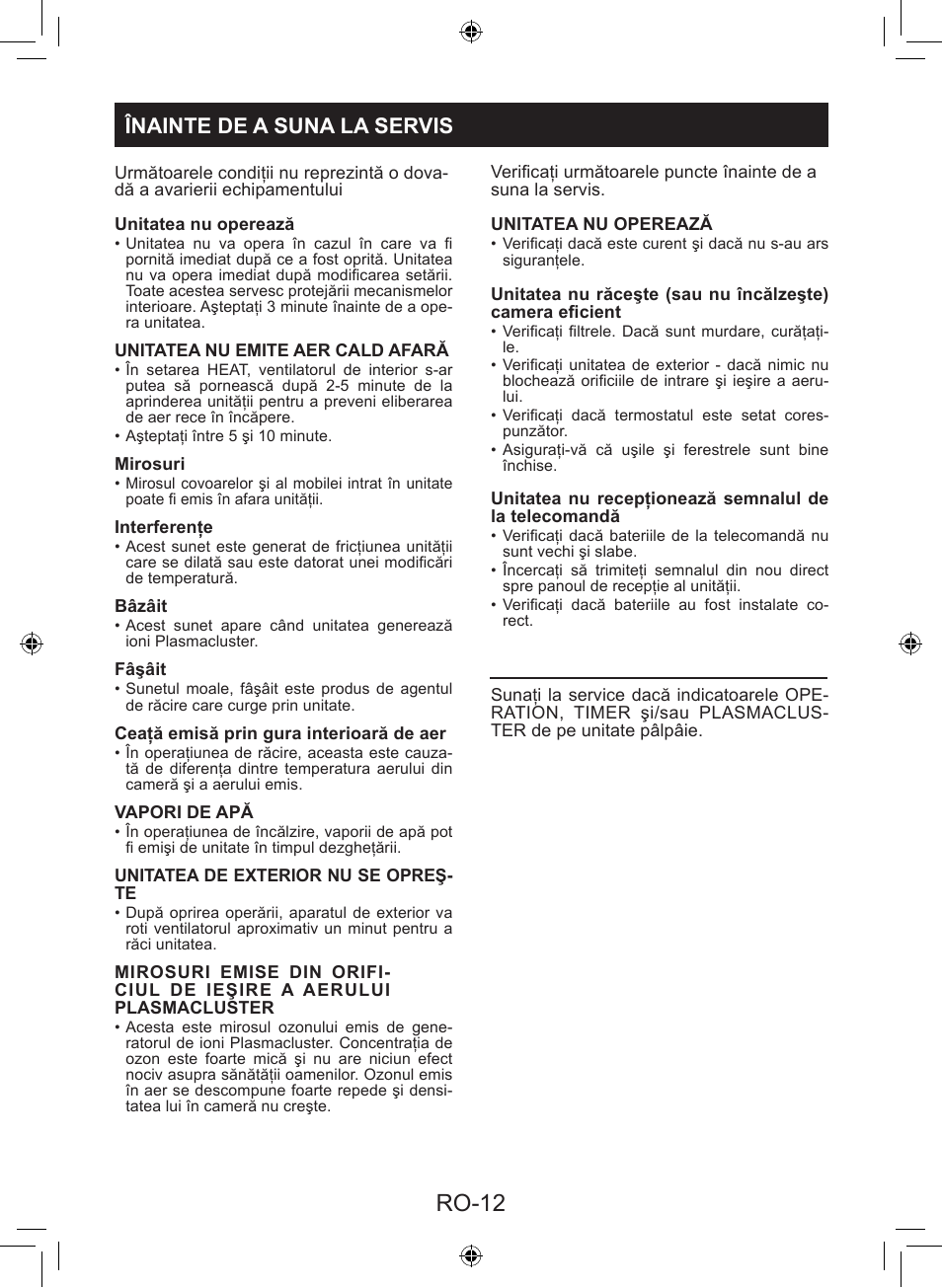 Ro-12, Înainte de a suna la servis | Sharp AY-XP9LSR - AE-X9LSR User Manual | Page 98 / 144