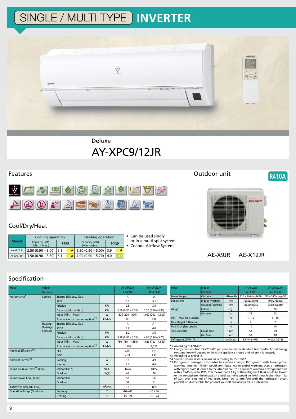 Inverter, Ay-xpc9/12jr, Single / multi type | R410a, Deluxe, Specifi cation | Sharp AY-XP9RMR-AE-X9RMR User Manual | Page 10 / 24