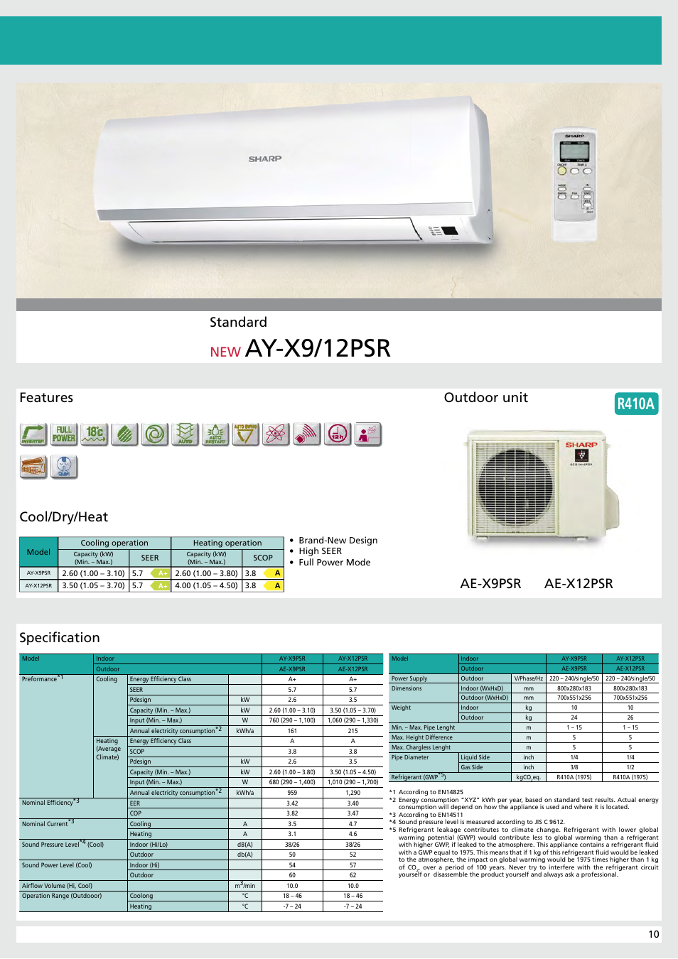 Inverter, Ay-x9/12psr, R410a | Standard new, Specifi cation | Sharp AY-XP9RMR-AE-X9RMR User Manual | Page 11 / 24