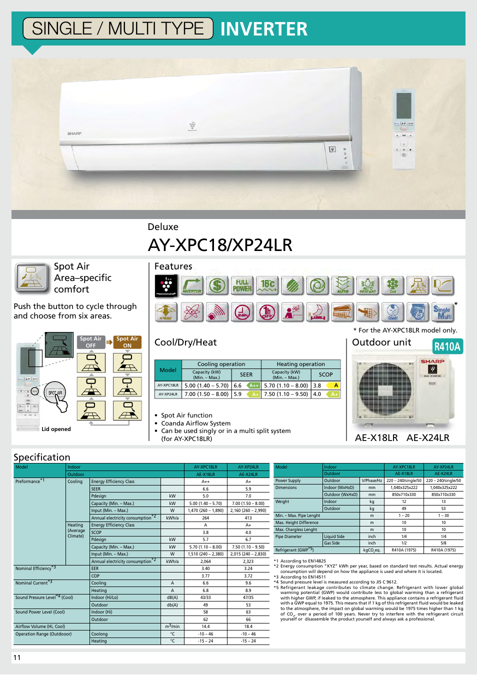 Inverter, Ay-xpc18/xp24lr, Single / multi type | R410a, Deluxe, Ae-x18lr ae-x24lr | Sharp AY-XP9RMR-AE-X9RMR User Manual | Page 12 / 24