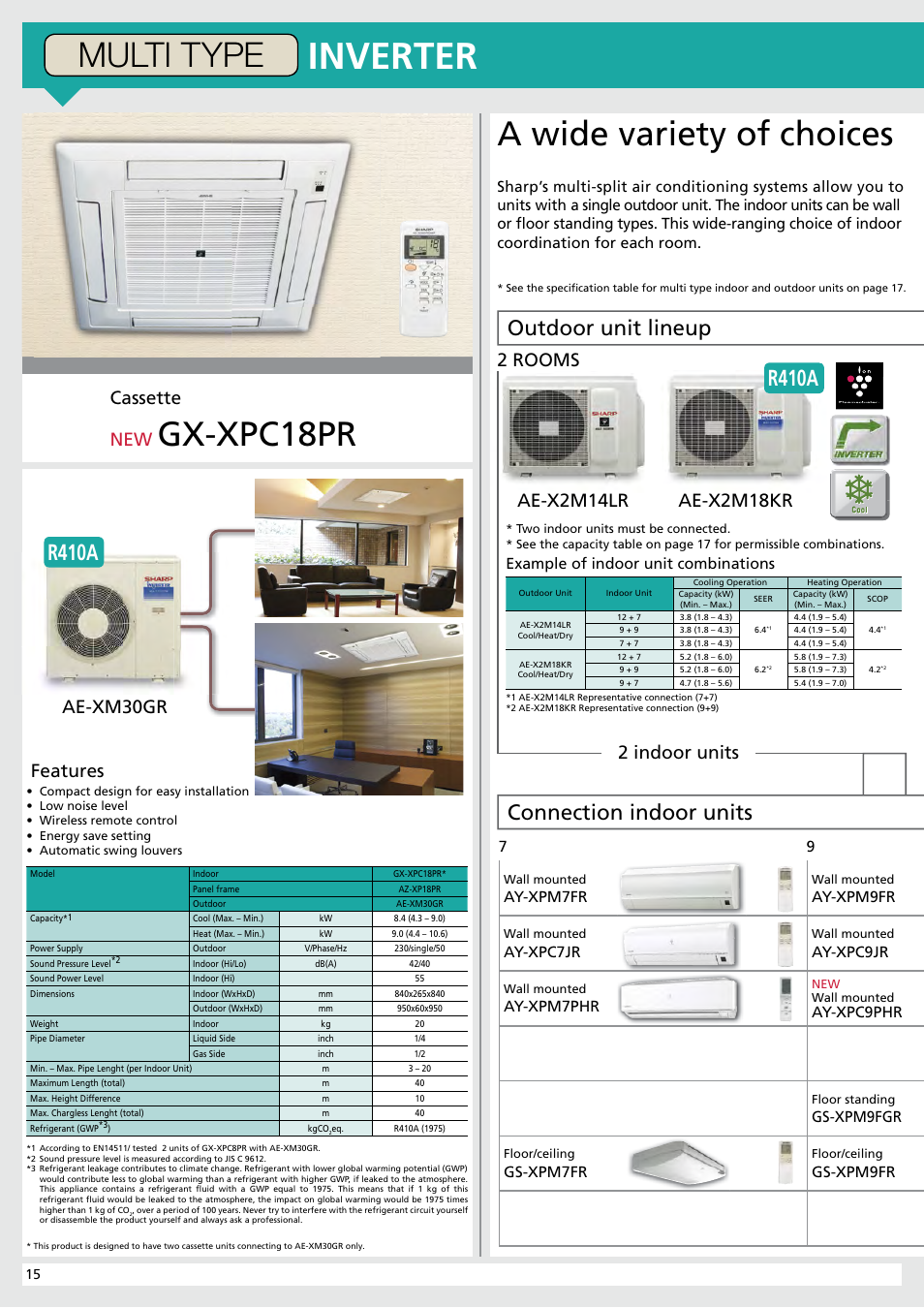 Inverter, Gx-xpc18pr, A wide variety of choices | Multi type, R410a, Outdoor unit lineup, Connection indoor units, Cassette new, Ae-xm30gr features, Ae-x2m14lr | Sharp AY-XP9RMR-AE-X9RMR User Manual | Page 16 / 24