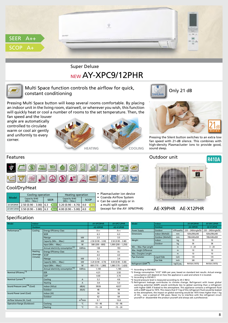 Ay-xpc9/12phr, R410a, Seer a++ scop a | Super deluxe new, Specifi cation, Heating cooling | Sharp AY-XP9RMR-AE-X9RMR User Manual | Page 9 / 24