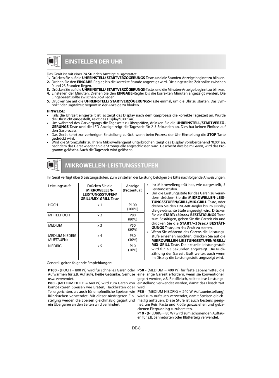 Mikrowellen-leistungsstufen einstellen der uhr | Sharp R-60STE User Manual | Page 10 / 180