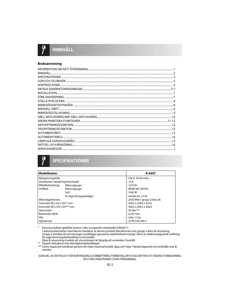 Specifikationer innehåll | Sharp R-60STE User Manual | Page 100 / 180