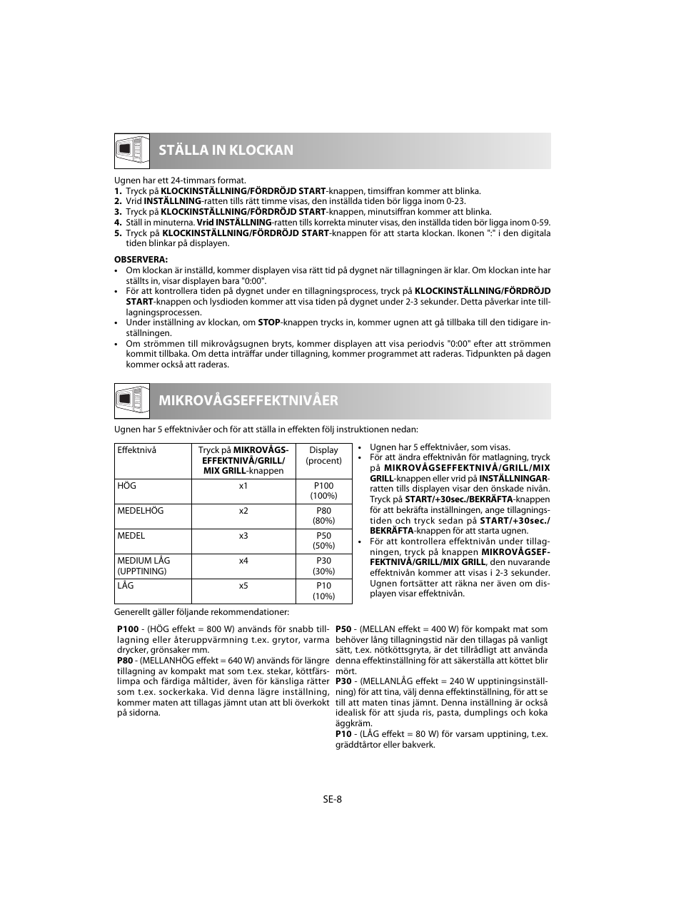 Mikrovågseffektnivåer ställa in klockan | Sharp R-60STE User Manual | Page 106 / 180