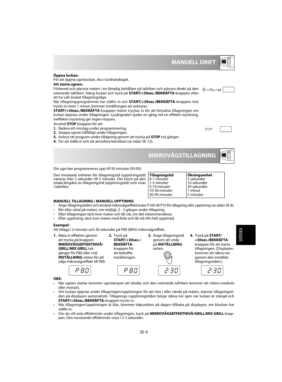Mikrovågstillagning manuell drift | Sharp R-60STE User Manual | Page 107 / 180