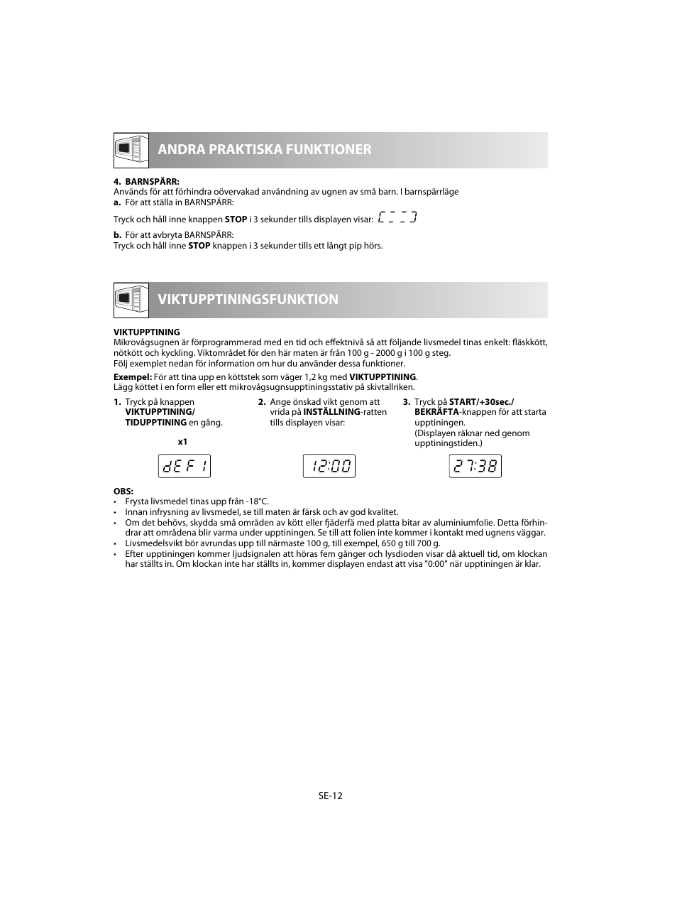 Viktupptiningsfunktion andra praktiska funktioner | Sharp R-60STE User Manual | Page 110 / 180