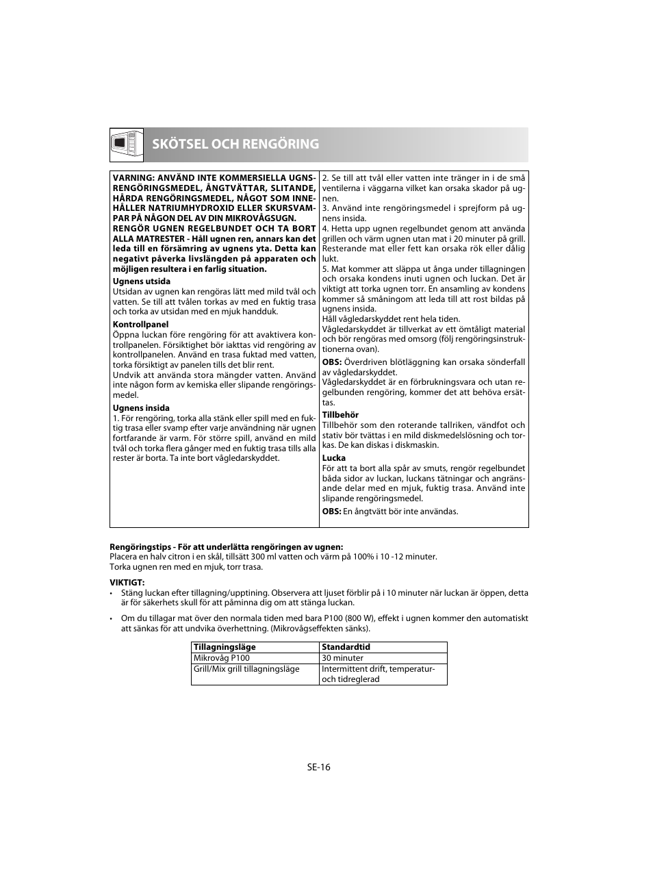 Skötsel och rengöring | Sharp R-60STE User Manual | Page 114 / 180