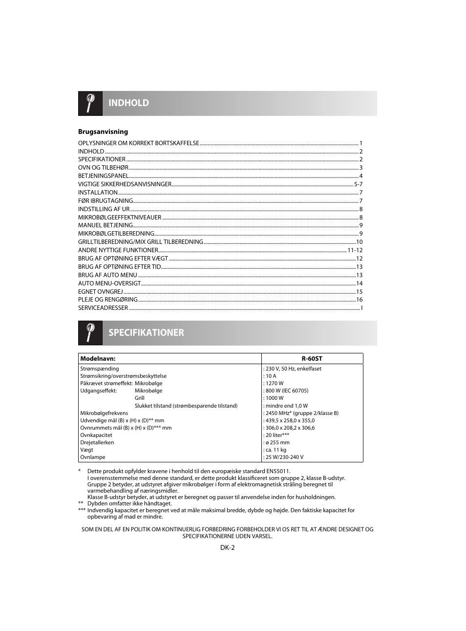 Specifikationer indhold | Sharp R-60STE User Manual | Page 116 / 180