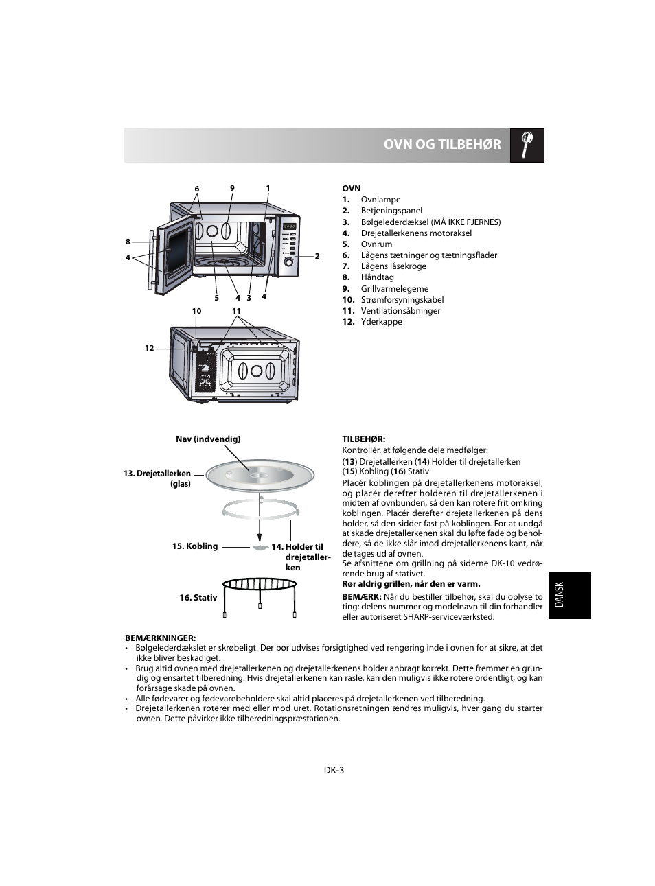 Ovn og tilbehør, Dansk | Sharp R-60STE User Manual | Page 117 / 180