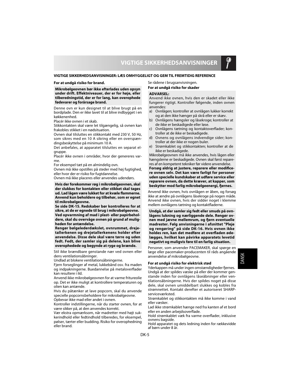 Vigtige sikkerhedsanvisninger | Sharp R-60STE User Manual | Page 119 / 180