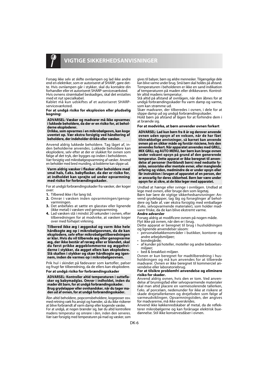 Vigtige sikkerhedsanvisninger | Sharp R-60STE User Manual | Page 120 / 180
