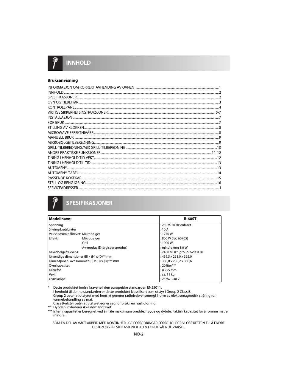 Spesifikasjoner innhold | Sharp R-60STE User Manual | Page 132 / 180