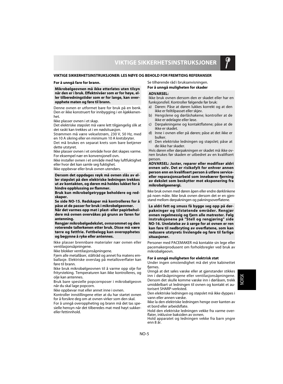 Viktige sikkerhetsinstruksjoner | Sharp R-60STE User Manual | Page 135 / 180