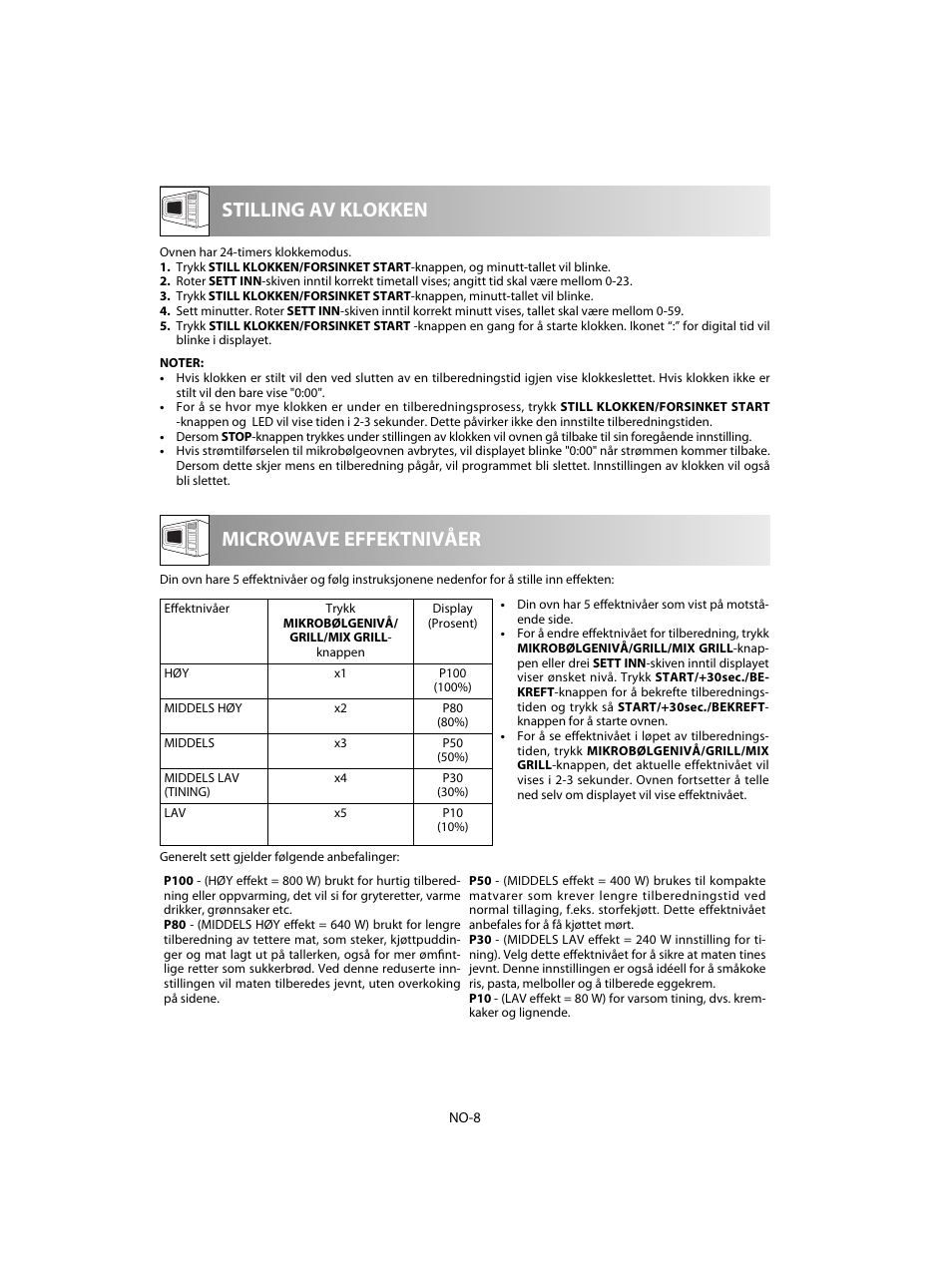 Microwave effektnivåer stilling av klokken | Sharp R-60STE User Manual | Page 138 / 180